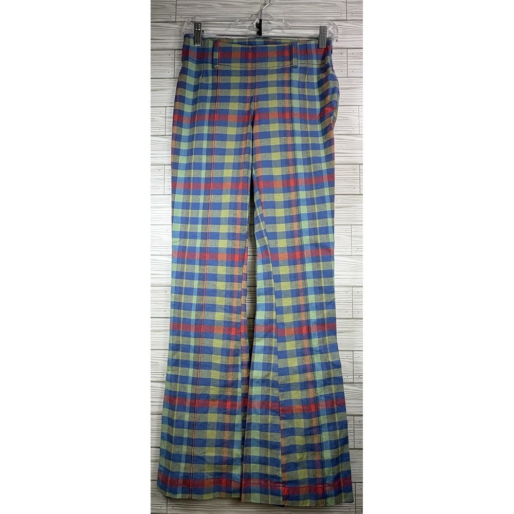 NWT Free People Check Plaid The Way You Move‎  Flare Slit Pants Blue Green Sz 4